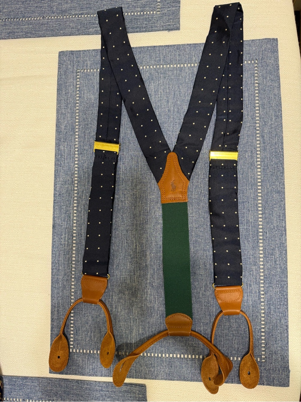 Polo by Ralph Lauren Navy Polka Dot Leather-Trim Suspenders with Green Back